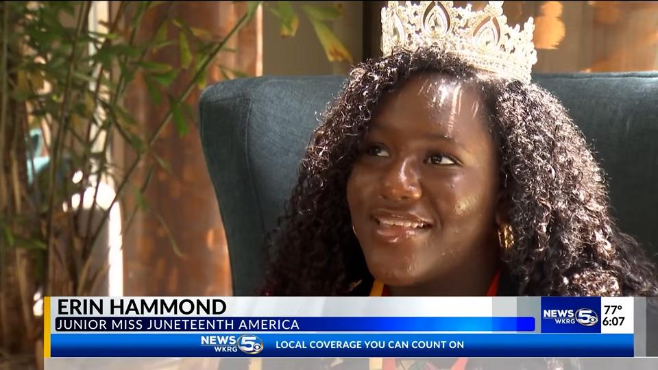 Queen Erin Hammond, Junior Miss Juneteenth America 2026, during a WKRG News 5 interview in Mobile, Alabama.