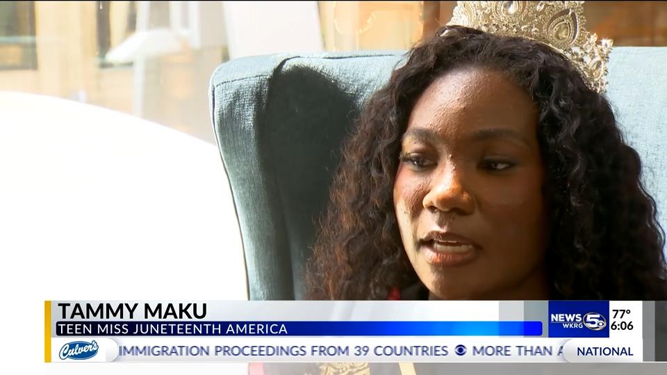 Queen Tammy Maku, Teen Miss Juneteenth America 2026, speaking during a WKRG News 5 interview in Mobile, Alabama.