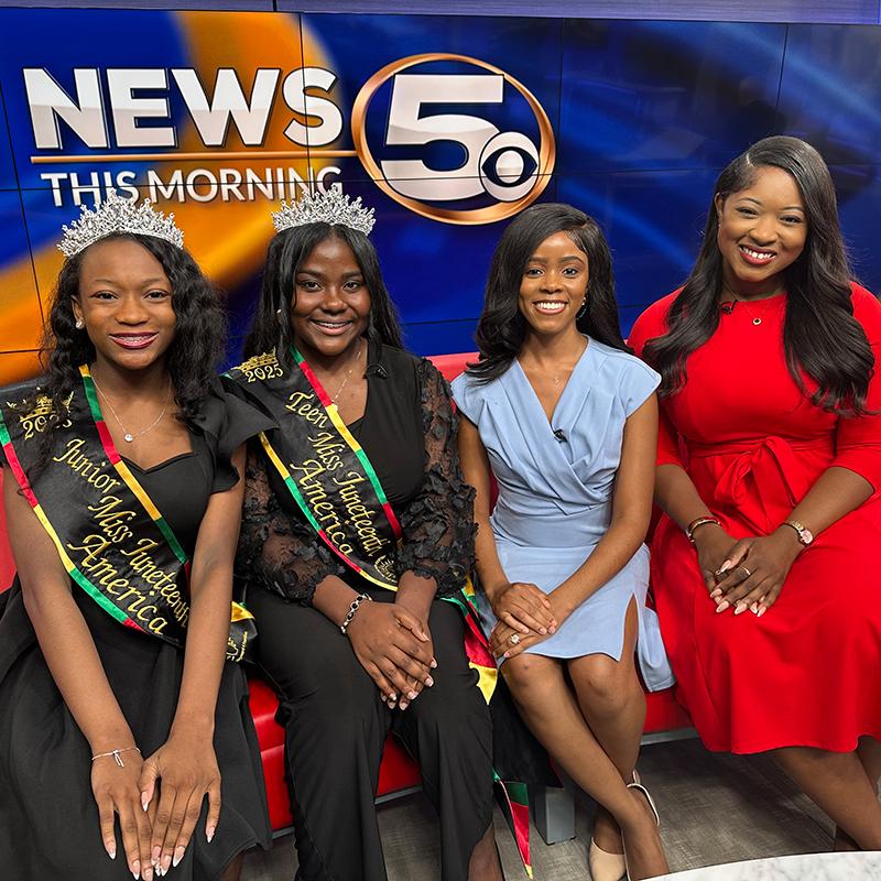 2025 Miss Juneteenth America crowned queens with WKRG News 5 team members during a studio appearance.