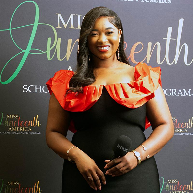 Shamonee Baker serving as a red carpet correspondent for Miss Juneteenth America.